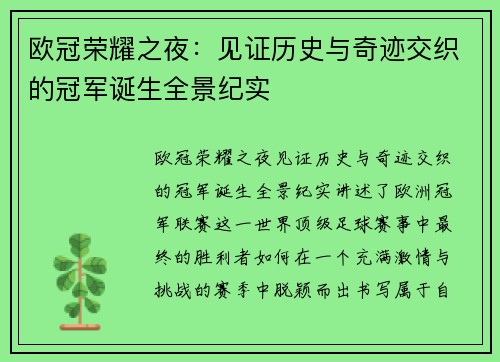 欧冠荣耀之夜：见证历史与奇迹交织的冠军诞生全景纪实
