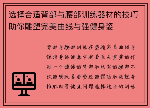 选择合适背部与腰部训练器材的技巧助你雕塑完美曲线与强健身姿